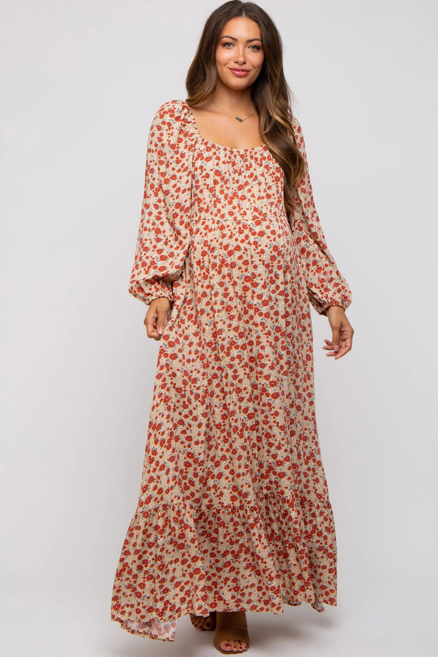 Beige Floral Square Neck Ruffle Maternity Maxi Dress | PinkBlush Maternity