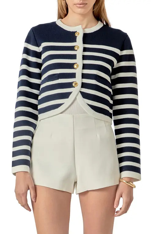 English Factory Stripe Crop Cardigan in Navy/off White at Nordstrom, Size Medium | Nordstrom