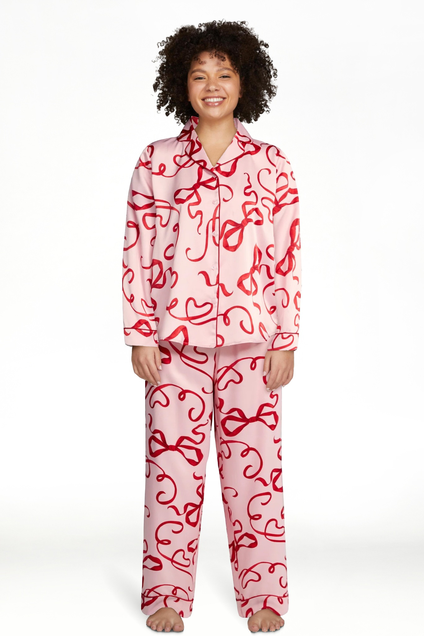 Joyspun Women’s Stretch Satin Notch Long Sleeve Top and Pants Pajama Set, 2-Piece, Sizes XS-3X | Walmart (US)