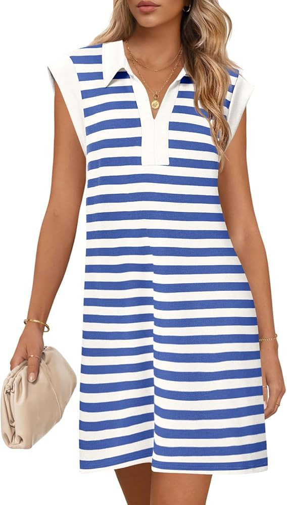 MEROKEETY Women's 2026 Summer Short Sleeve Mini Dress Casual Collared V Neck Loose T Shirt Dresse... | Amazon (US)