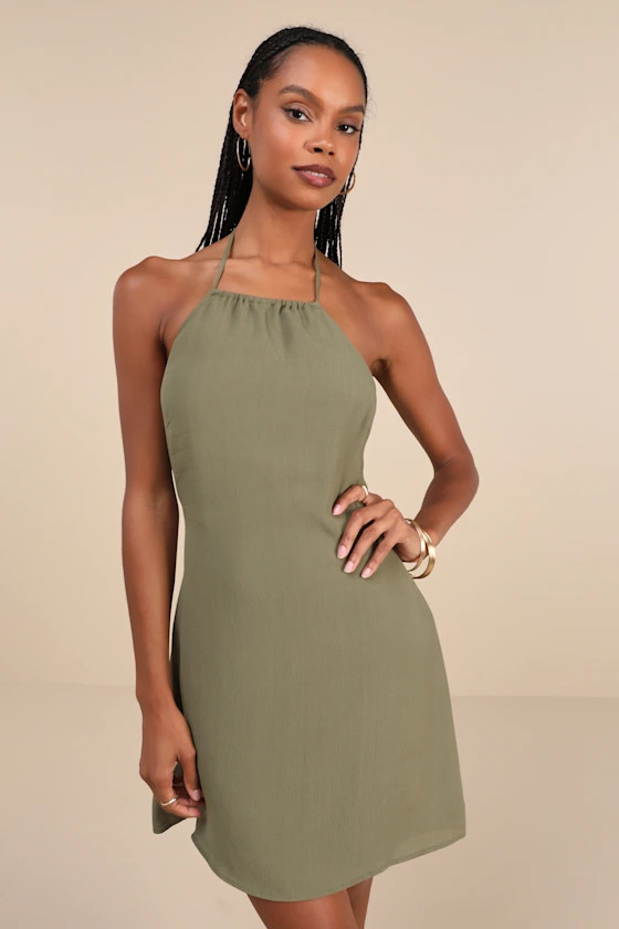 Breezy Date Olive Green Cutout Halter Mini Dress | Lulus