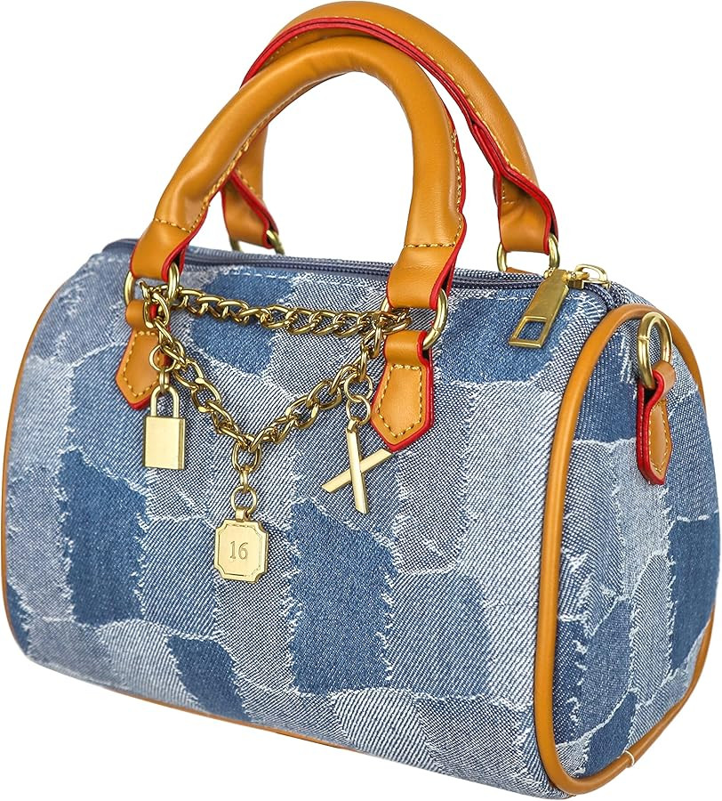 Mini Small Denim Purse Jean Boston Barrel Bags Quilted Checkered Top Handle Canvas Tote Crossbody... | Amazon (US)