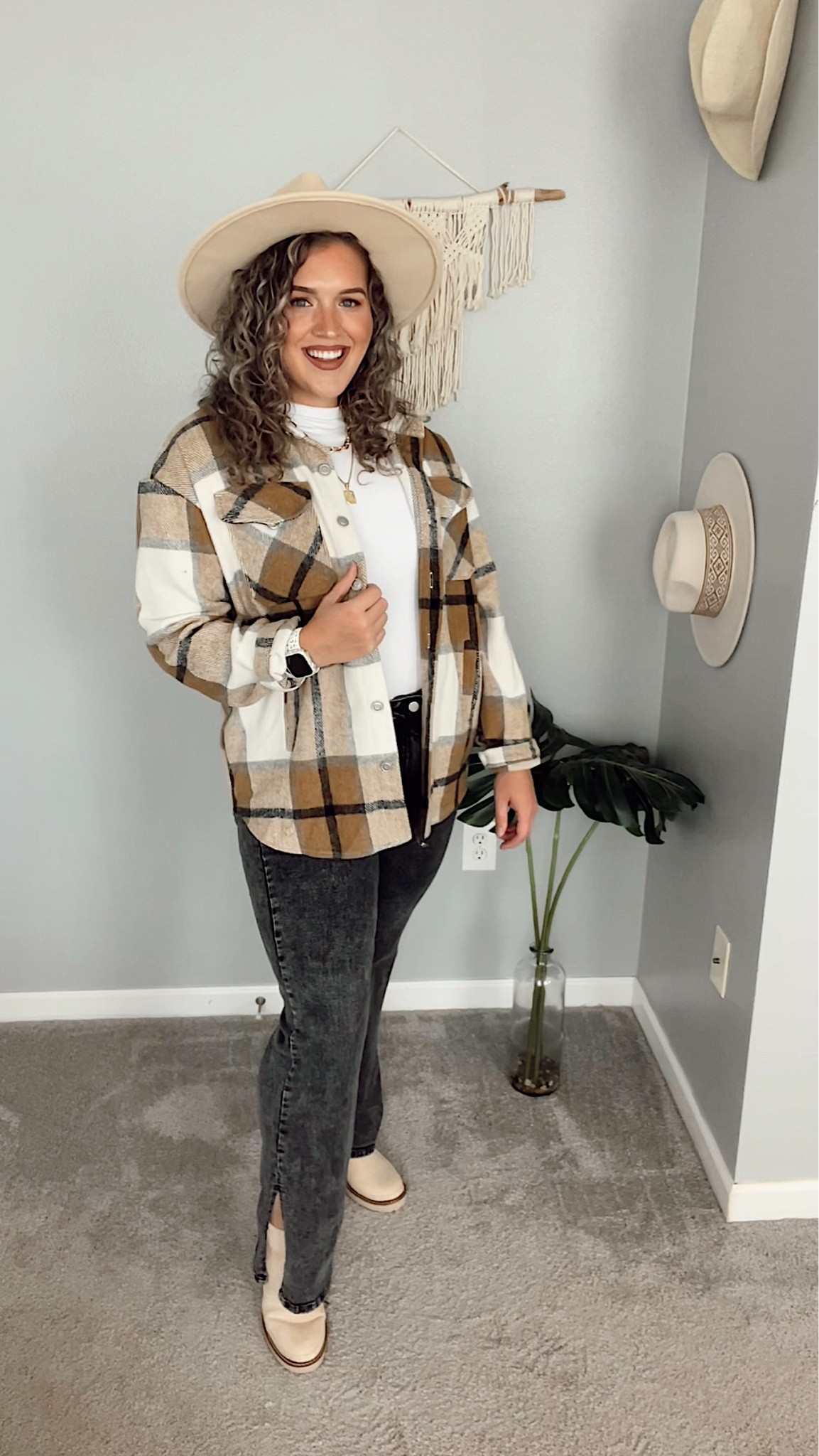 First day of Fall! 🍂 Midsize outfit inspo 🤎 Almost full Amazon aside from hat which I got from PinkLily last year! Linking similar!
Shacket - L 
Bodysuit - L 
Jeans - XL (need large)
#amazonfashion #curvyfashion #midsizeoutfits #falloutfits #fallfashion #fallstyle #shacket #bodysuit #mockneck #plaid #jacket #flannel #gold #jewelry #necklace #hat #widebrimhat #jeans #denim #curvydenim #flarejeans #blackjeans #boots #booties #chelseaboots #lugboots #combatboots 

#LTKSeasonal #LTKcurves #LTKstyletip