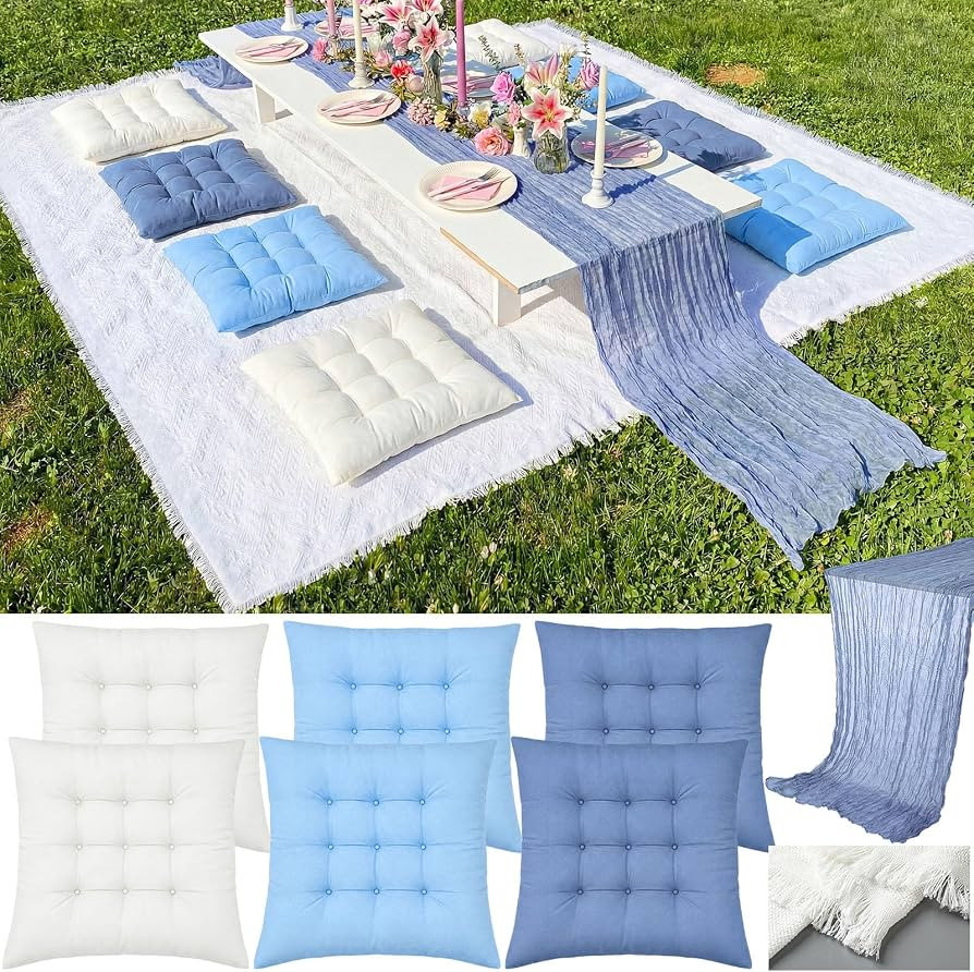 8 Pcs Fit for 6 People 91 x 71'' Extra Large Outdoor Picnic Blanket with Blue White Table Runner ... | Amazon (US)
