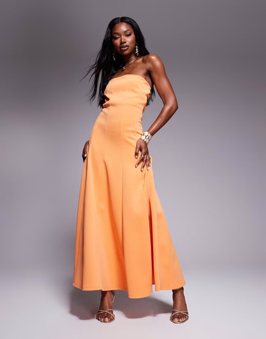 ASOS DESIGN seam detail scuba bandeau midi dress with full hem in orange | ASOS (Global)