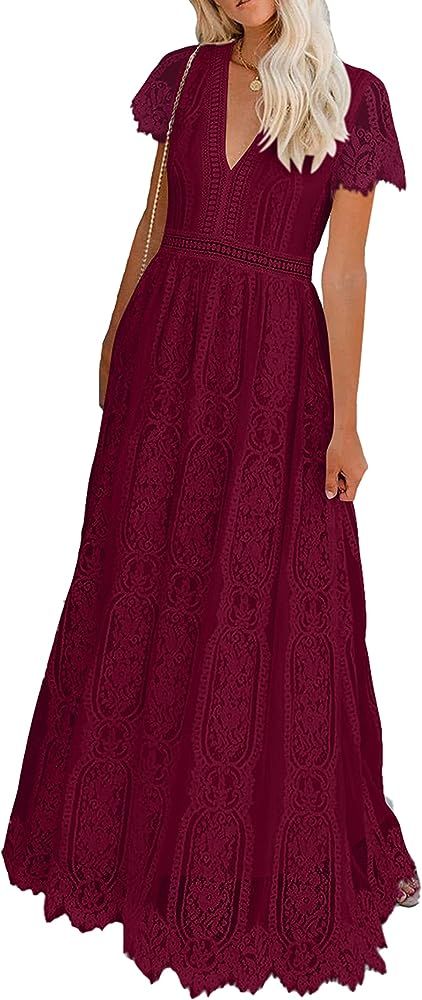 Women's Floral Lace Maxi Dress 2023 Short Sleeve V Neck Bridesmaid Wedding Evening Party Dresses | Amazon (US)