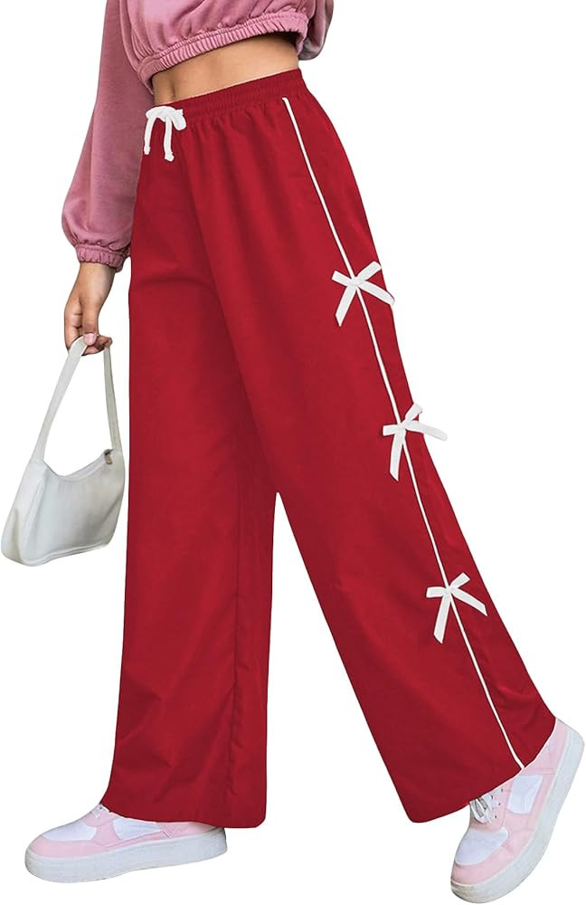 Amazon.com: WDIRARA Girl's Bow Side Waist Track Pants Cute Wide Leg Trousers Black Black 6Y : Clo... | Amazon (US)