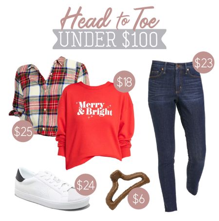 Loving this holiday look with this cute merry and bright sweatshirt! Everything is on sale this week! Click the circle offers to drop the prices on the sweatshirt, shoes and jeans. The plaid shirt and claw clip drop 30% off in your cart right now! 

#LTKfindsunder100 #LTKHoliday #LTKsalealert