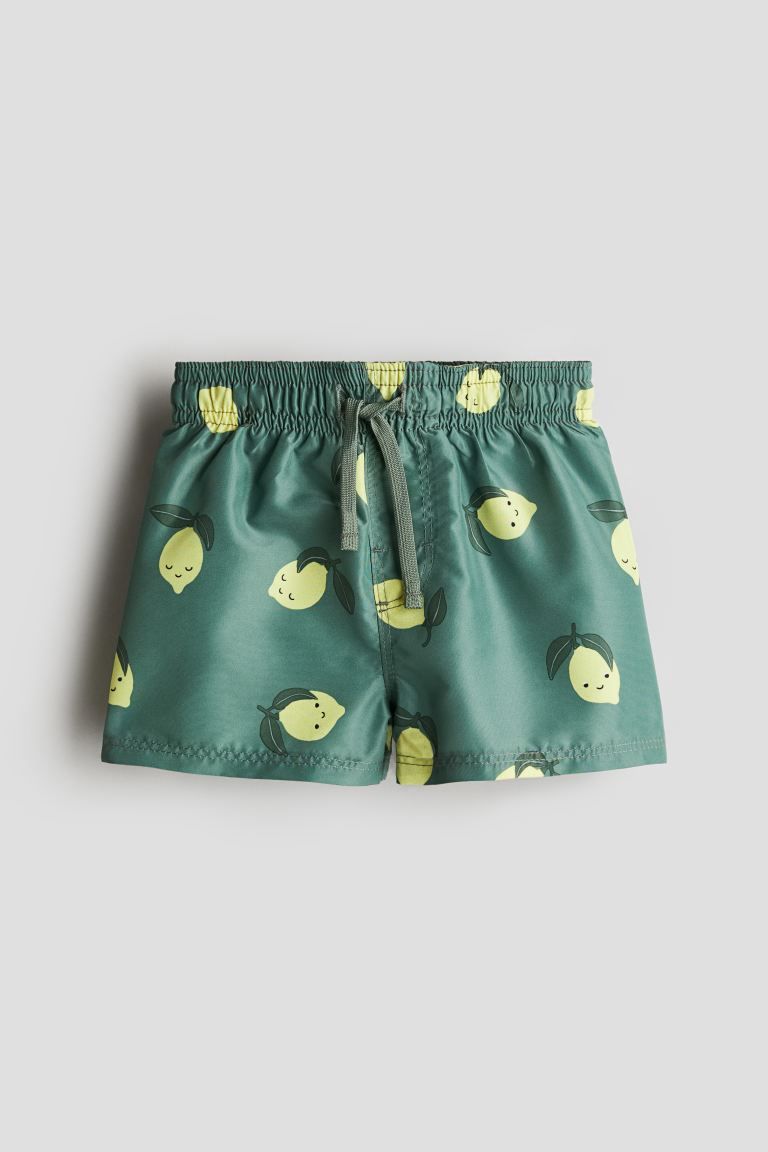 Patterned Swim Shorts - Regular waist - Khaki green/lemons - Kids | H&M US | H&M (US + CA)