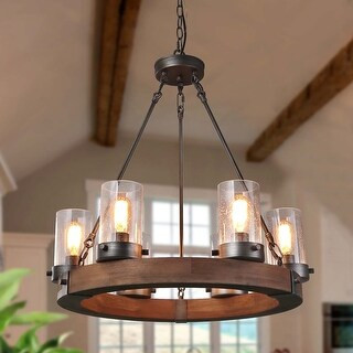 Carbon Loft Farmhouse 6-Light Wood Wagon Wheel Chandelier with Glass Shade for Dining Room - Iron... | Bed Bath & Beyond