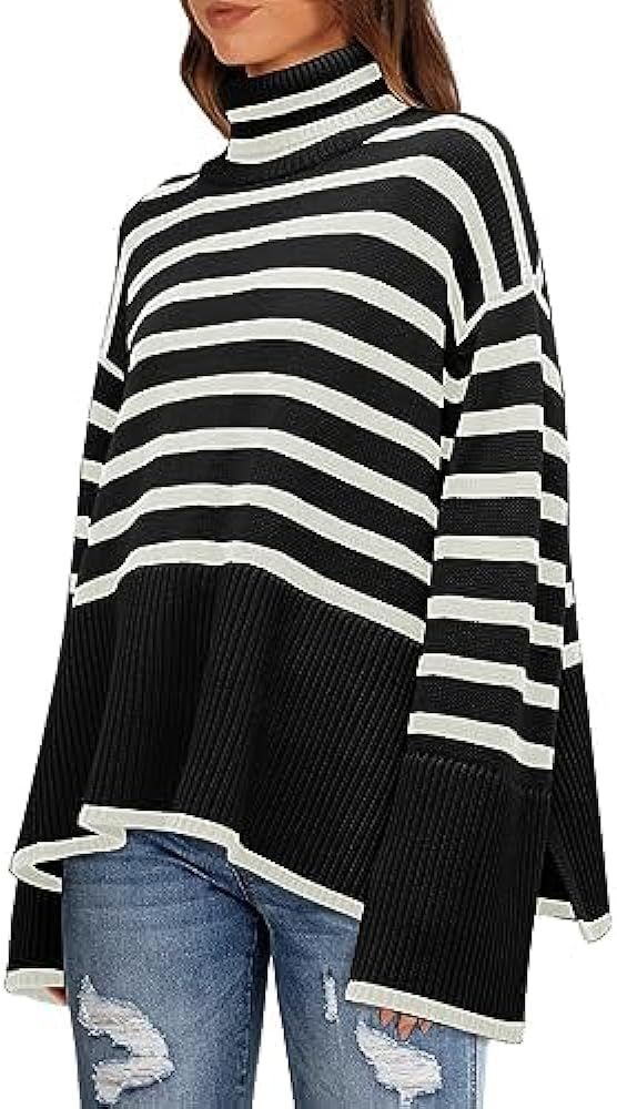 LILLUSORY Women's Oversized Cozy Turtleneck Knit Sweaters Loose Fit Ribbed Winter Clothes with Side  | Amazon (US)