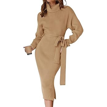 ZESICA Women's Turtleneck Sweater Midi Dress Long Sleeve Ribbed Knit Bodycon Slit Dress with Belt | Amazon (US)