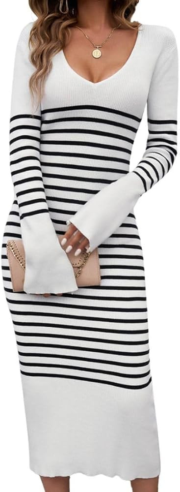 Women's Striped Sweater Dress Long Sleeve V Neck Slim Ribbed Knit Pullover Jumper Party Club Body... | Amazon (US)