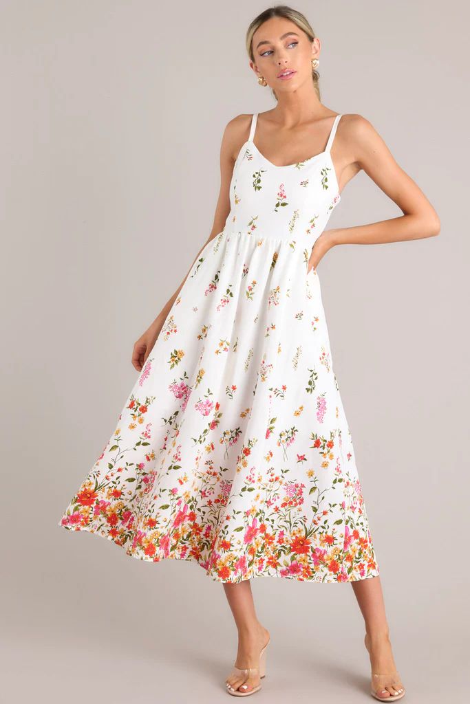 Botanical Queen Ivory Floral Linen Midi Dress | Red Dress