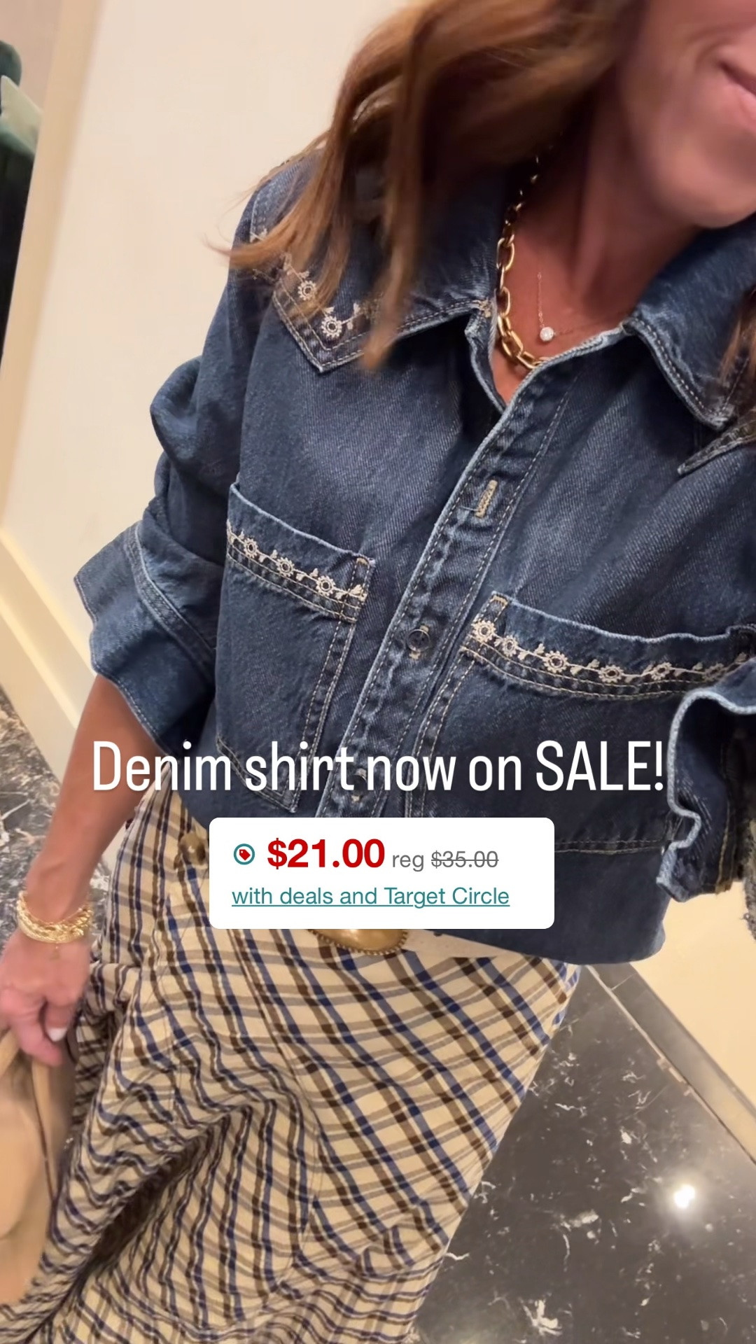Target deals. Cropped denim shirt with embroidery. Also in light wash or pink. 
Size S.
