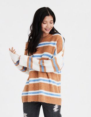 AE Striped Crew Neck Oversized Pullover Sweater | American Eagle Outfitters (US & CA)