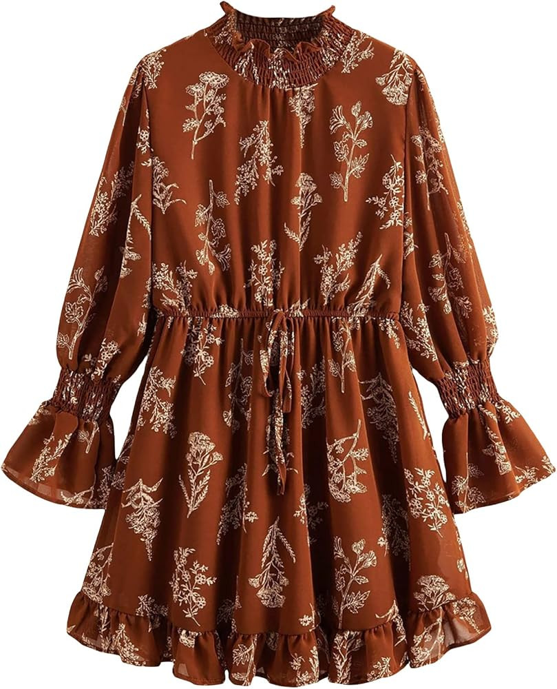Floerns Women's Mock Neck Long Sleeve Floral Print Ruffle Short Dress | Amazon (US)