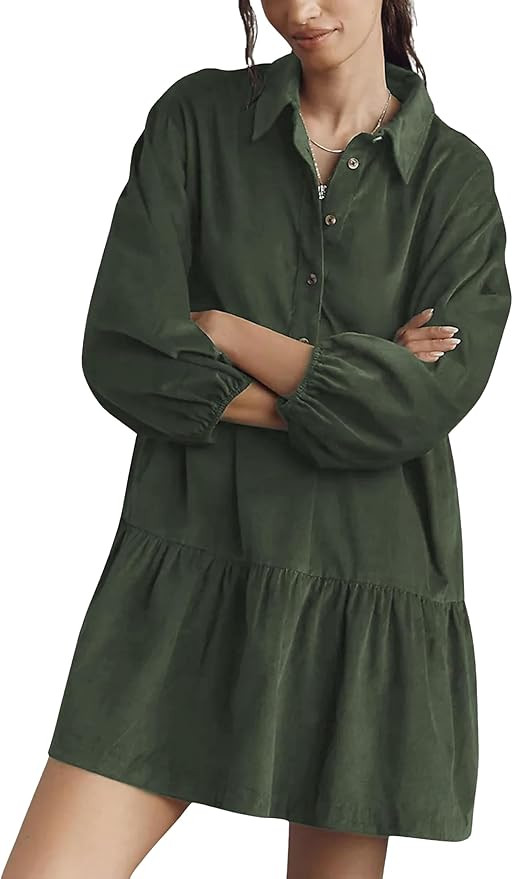 Womens Mini Shirt Corduroy Dress Lantern Sleeve Turndown Collar Button Up Babydoll Dress with Poc... | Amazon (US)