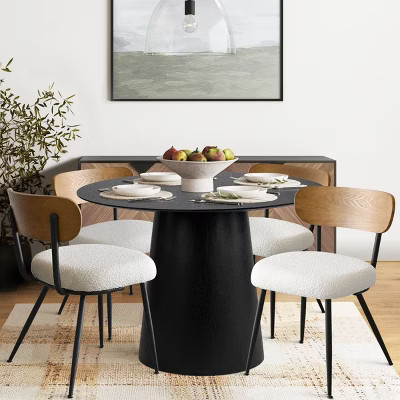 5-Piece Round Dining Table Set, 42" Oak Pedestal Table with 4 Boucle Upholstered Chairs, Ash Wood Backs, and Metal Legs - Panipeachy | Target