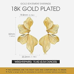 Gold Statement Earrings For Women 18K Gold Plated Sectored Flower Leaf Shell Angel Wing Earring L... | Amazon (US)