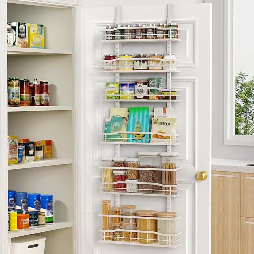 Moforoco White 6-Tier Over Door Pantry Organizer, Pantry Organization Storage, Door Metal Hanging Spice Rack Basket Shelves, Home Kitchen Apartment Essentials, Laundry Room Bathroom Organization | Amazon (US)