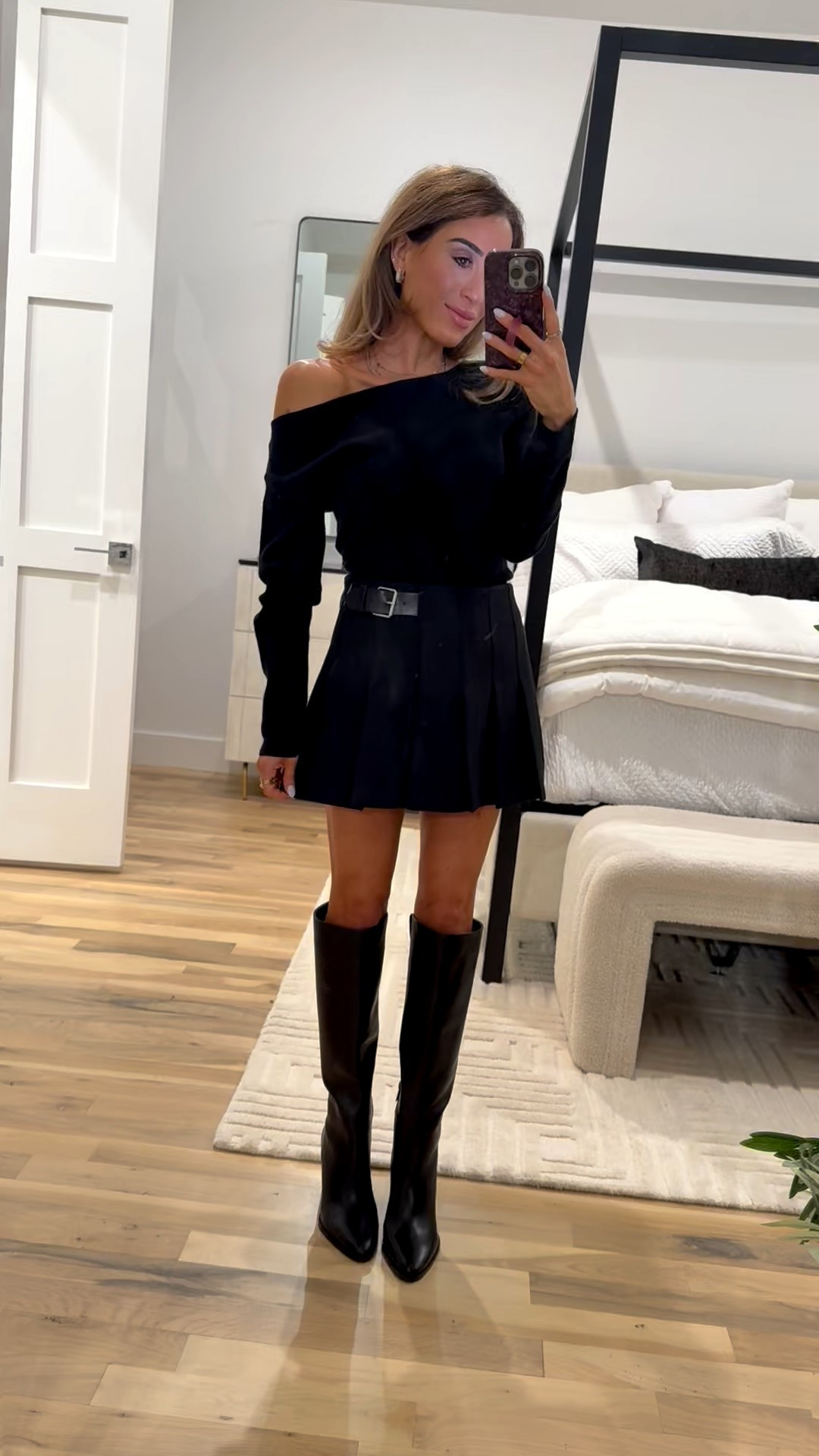 Date night outfit idea black off shoulder sweater and pleated skirt size xxs 

#LTKPetite #LTKFindsUnder50 #LTKHoliday