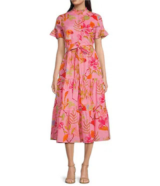 Playa Button Up Ruffle Sleeve Belted Tiered Midi A-Line Dress | Dillard's