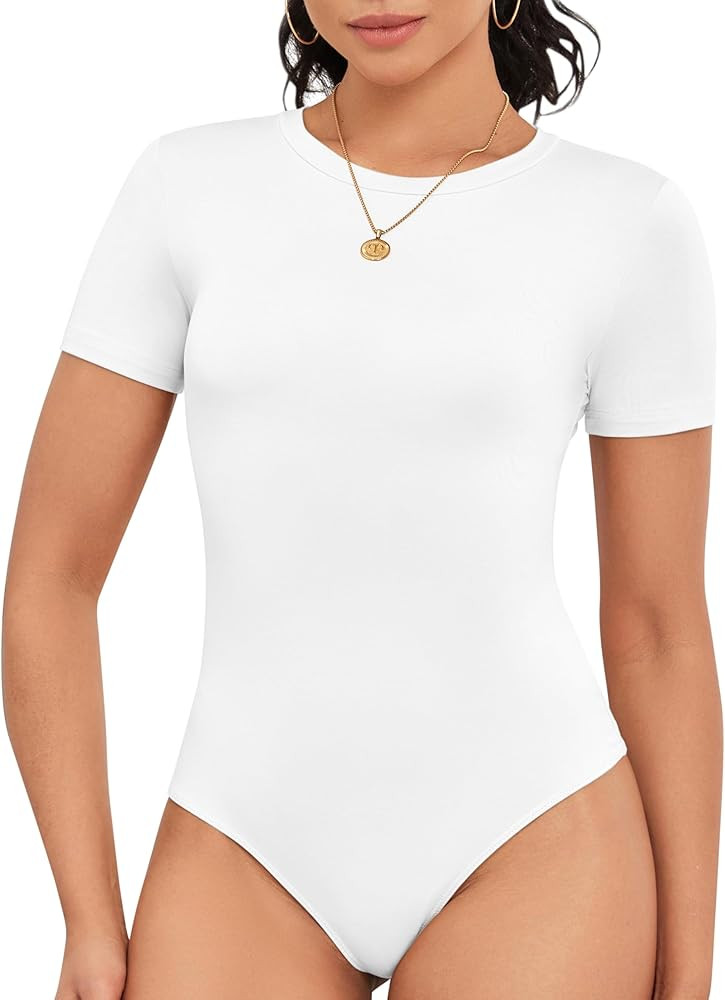 Cute Short Sleeve Tank Tops Bodysuit for Women Crew Neck Casual 2025 Summer Tops | Amazon (US)
