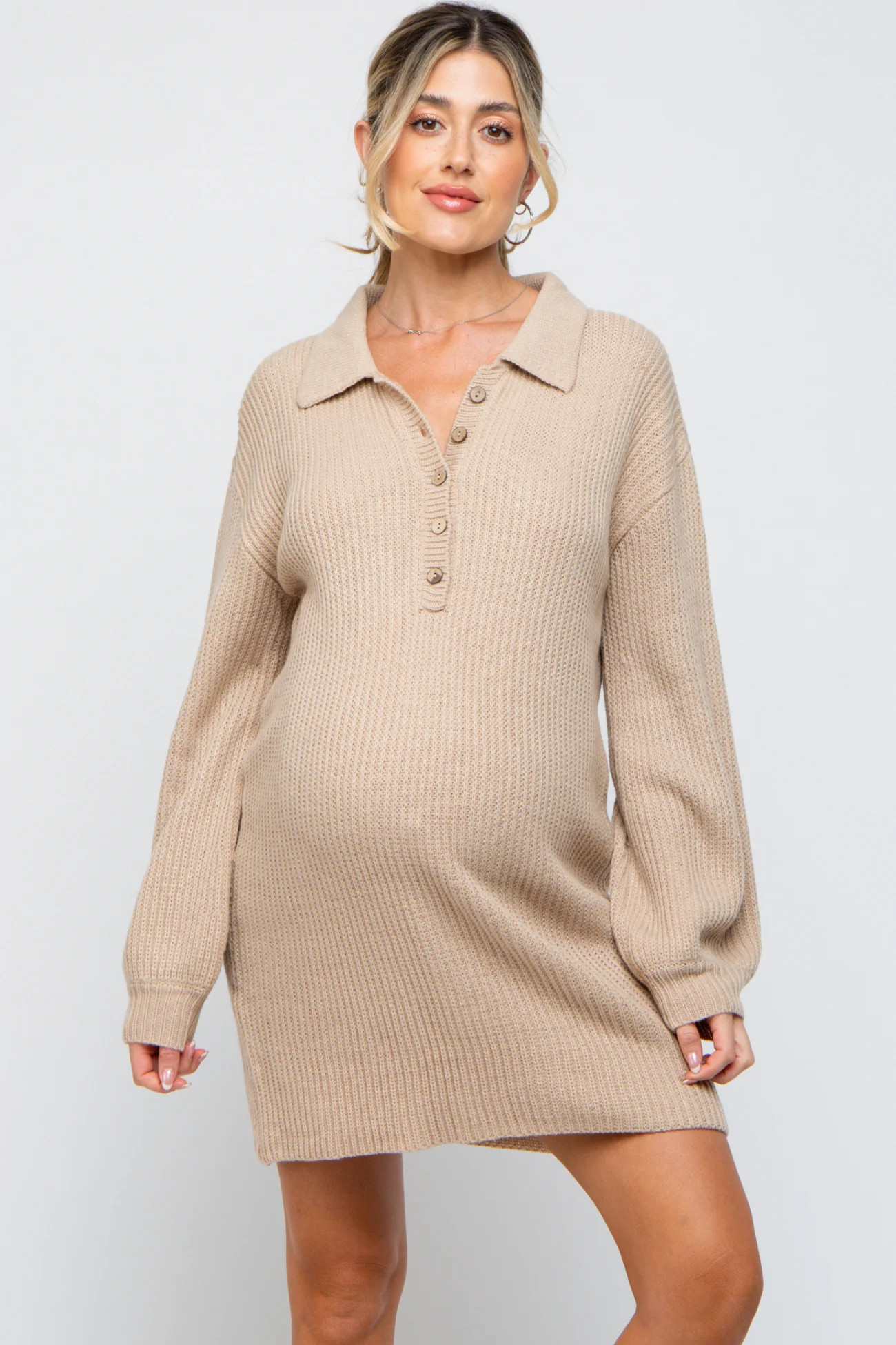 Beige Collared Button Front Maternity Sweater Dress | PinkBlush Maternity