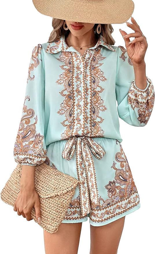 Verdusa Women's 2 Piece Outfit Paisley Print Bishop Sleeve Blouse Top and Shorts Set | Amazon (US)