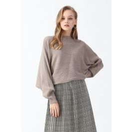 Boat Neck Batwing Sleeves Crop Knit Top in Taupe | Chicwish