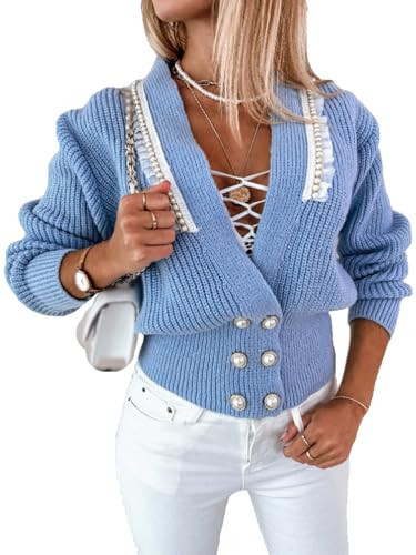CHICME Cardigan for Women 2025 V Neck Long Sleeve Pearl Beaded Knitted Cardigan Sweaters Blue-L | Amazon (US)