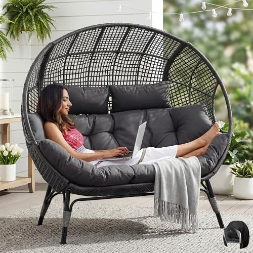 NICESOUL® Double Egg Chair Indoor Outdoor Stationary Oversized 6.5" Thick Padded Cushions,2 Person Wicker Egg Loveseat Chair, Extra Wide Lounge Chair for Patio Balcony Porch Gray with Cover | Amazon (US)