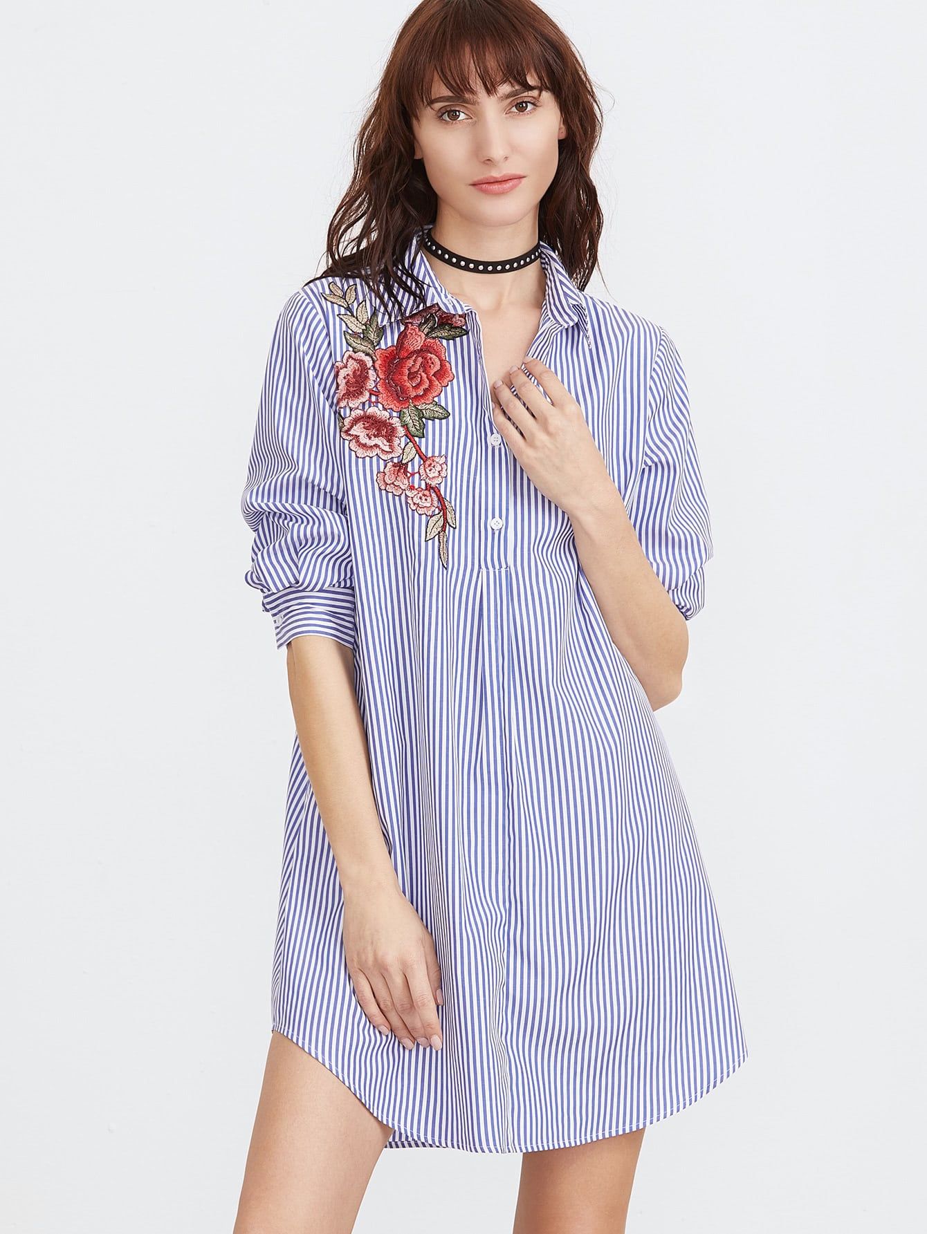 Blue And White Striped Embroidered Rose Applique Shirt Dress | SHEIN