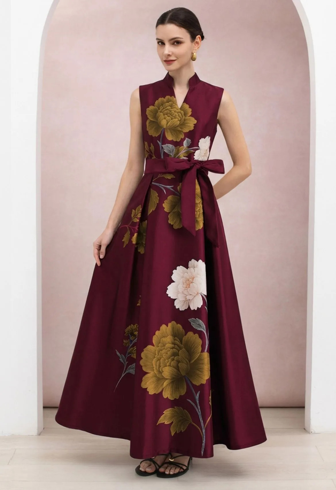 Regal Peony Print Tie-Waist Sleeveless Maxi Dress in Burgundy for Exclusive Celebrations & Corpor... | Chicwish