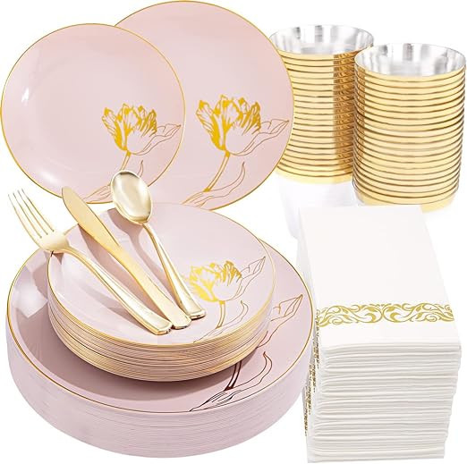 Nervure 175PCS Pink Plastic Plates - Floral Gold Disposable Plates Include 50Plates, 25Forks, 25K... | Amazon (US)
