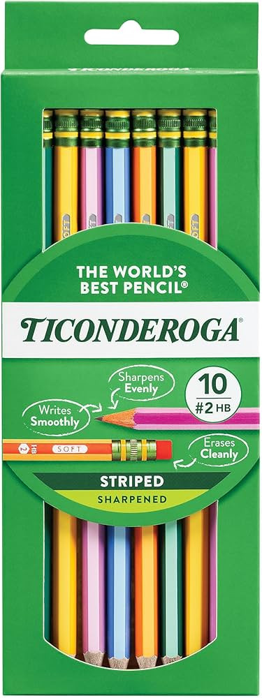 Ticonderoga X13910 Striped Wood-Cased Pencils, 2 HB Soft, Pre-Sharpened, 10 Count, Assorted Color... | Amazon (US)