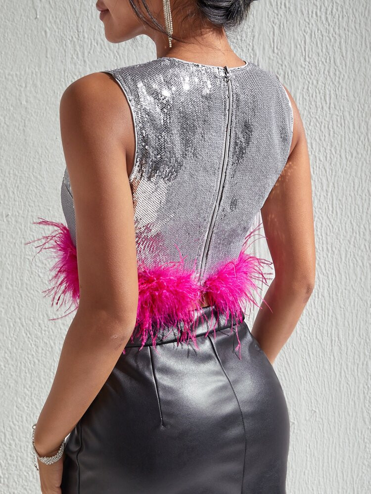 Contrast Fuzzy Sequin Tank Crop Top | SHEIN