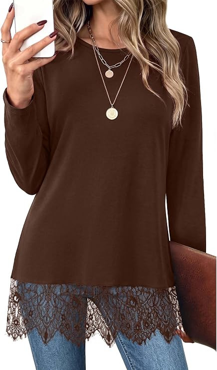OFEEFAN Long Sleeve Shirts for Women Fall Fashion Clothing Lace Tunic Tops | Amazon (US)