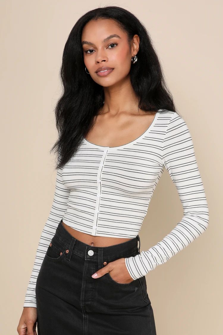 Charming Lifestyle Ivory and Black Striped Long Sleeve Crop Top | Lulus