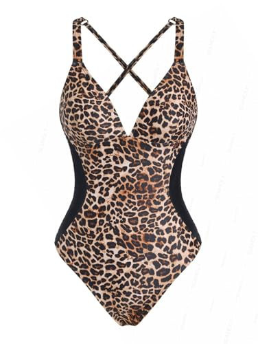 seamoly Leopard Print Spliced Mesh Crisscross Lace Up Plunging Neck One-Piece Swimsuit Leopard M | Amazon (US)