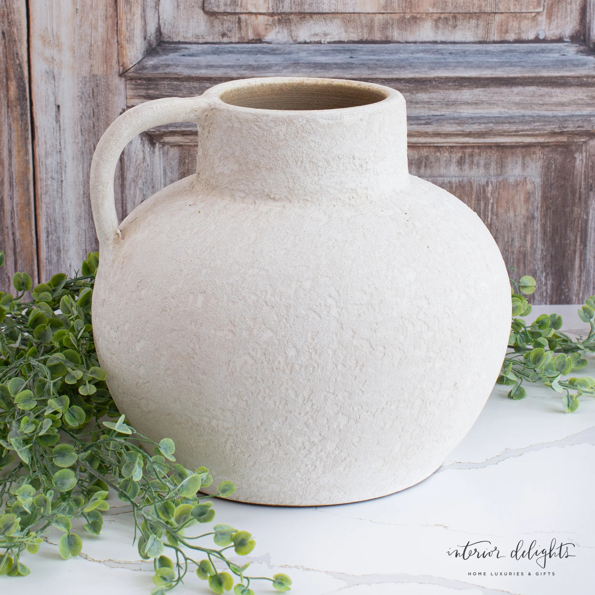10” Luxe Heavy Textured White Handle Vase | Interior Delights