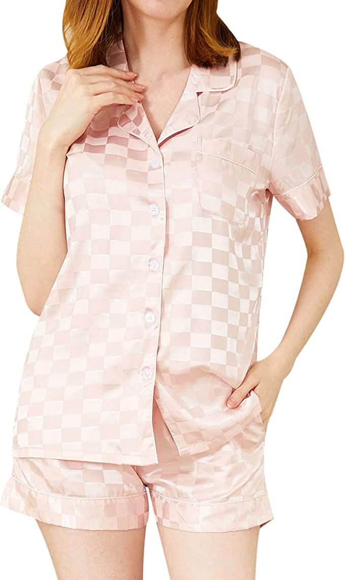 YIMANIE Womens Silk Satin Pajama Sets Two-piece Button Down Pj Set Sleepwear Loungewear for Women | Amazon (US)