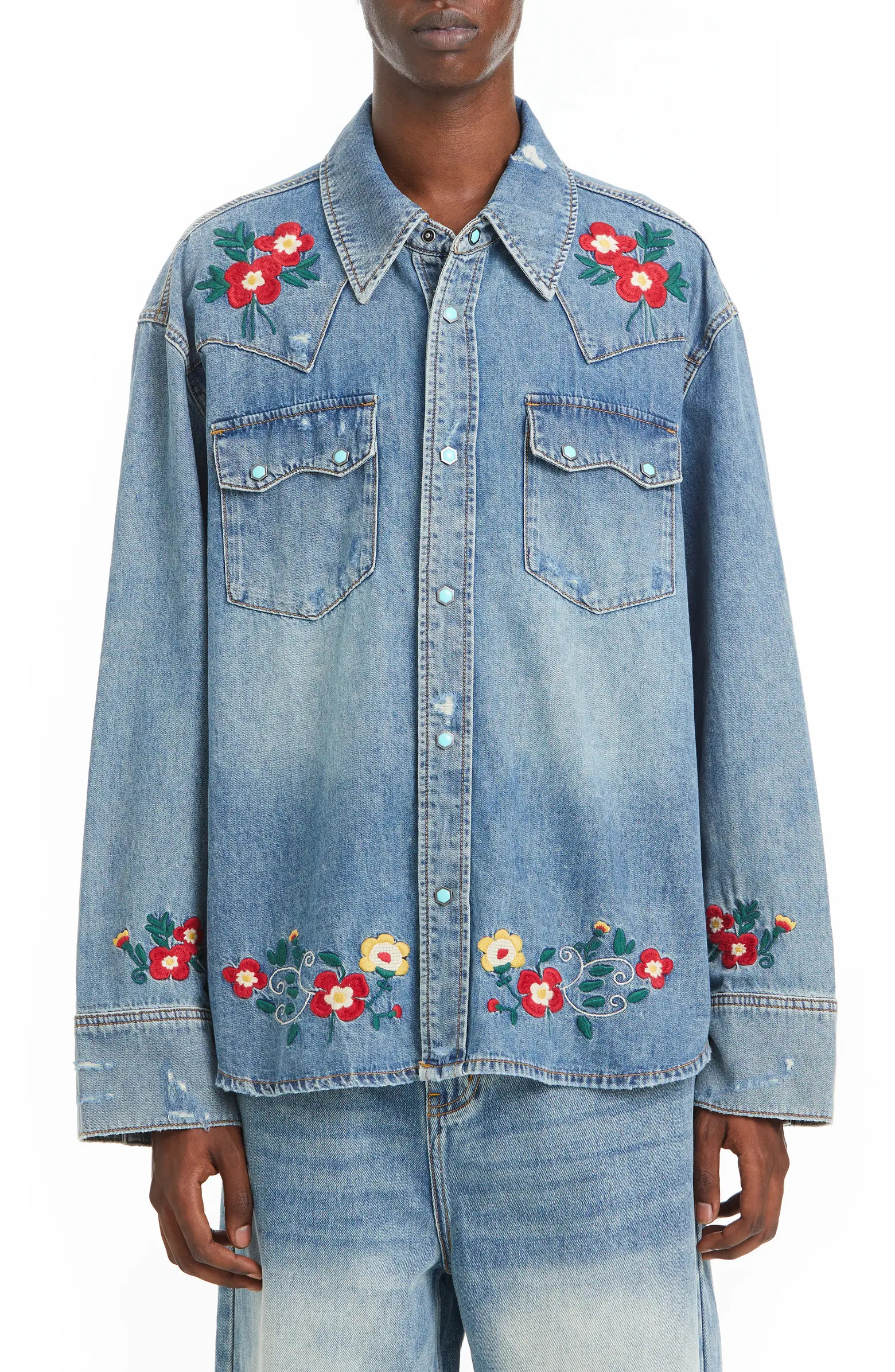 FOUND Distressed Embroidered Western Denim Button-Up Shirt | Nordstrom | Nordstrom