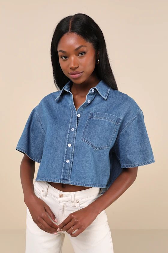 Ensured Cuteness Medium Wash Denim Button-Up Collared Top | Lulus