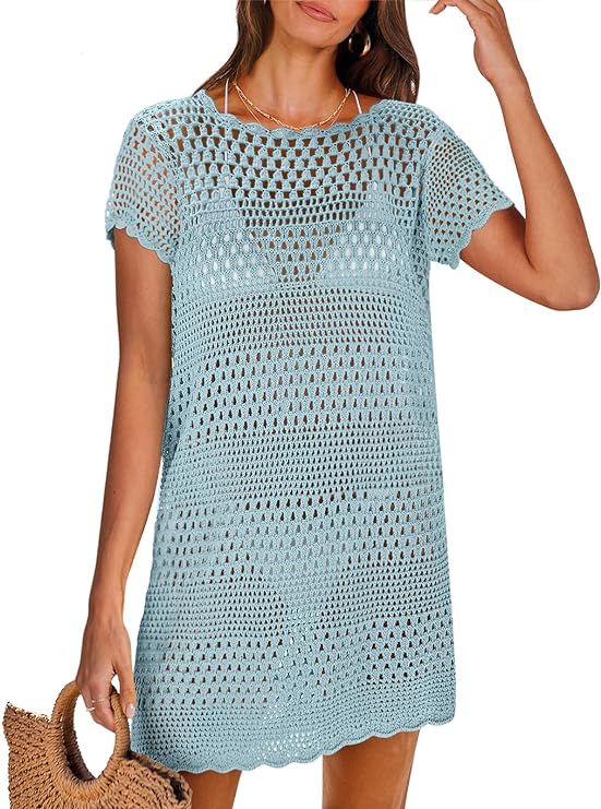 ANRABESS Women Swimsuit Crochet Swim Cover Up Summer Bathing Suit Swimwear Knit Short Sleeve Pull... | Amazon (US)