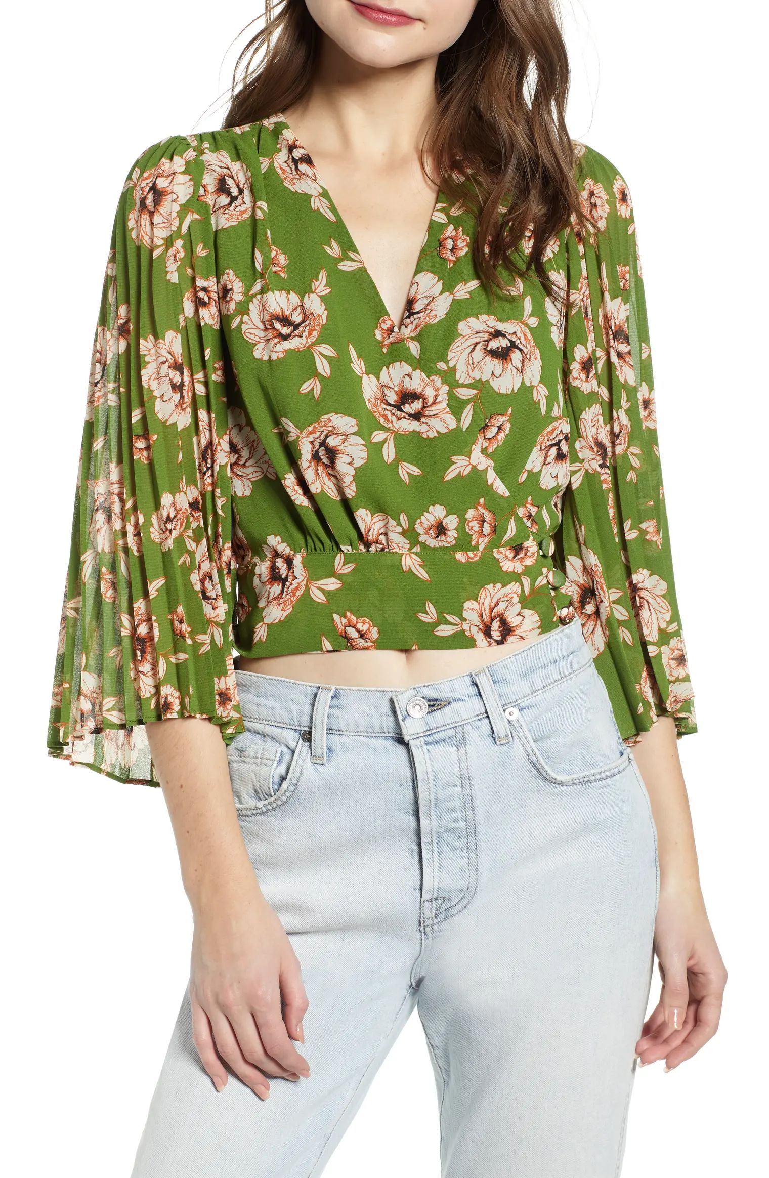 Floral Pleated Sleeve Wrap Blouse | Nordstrom