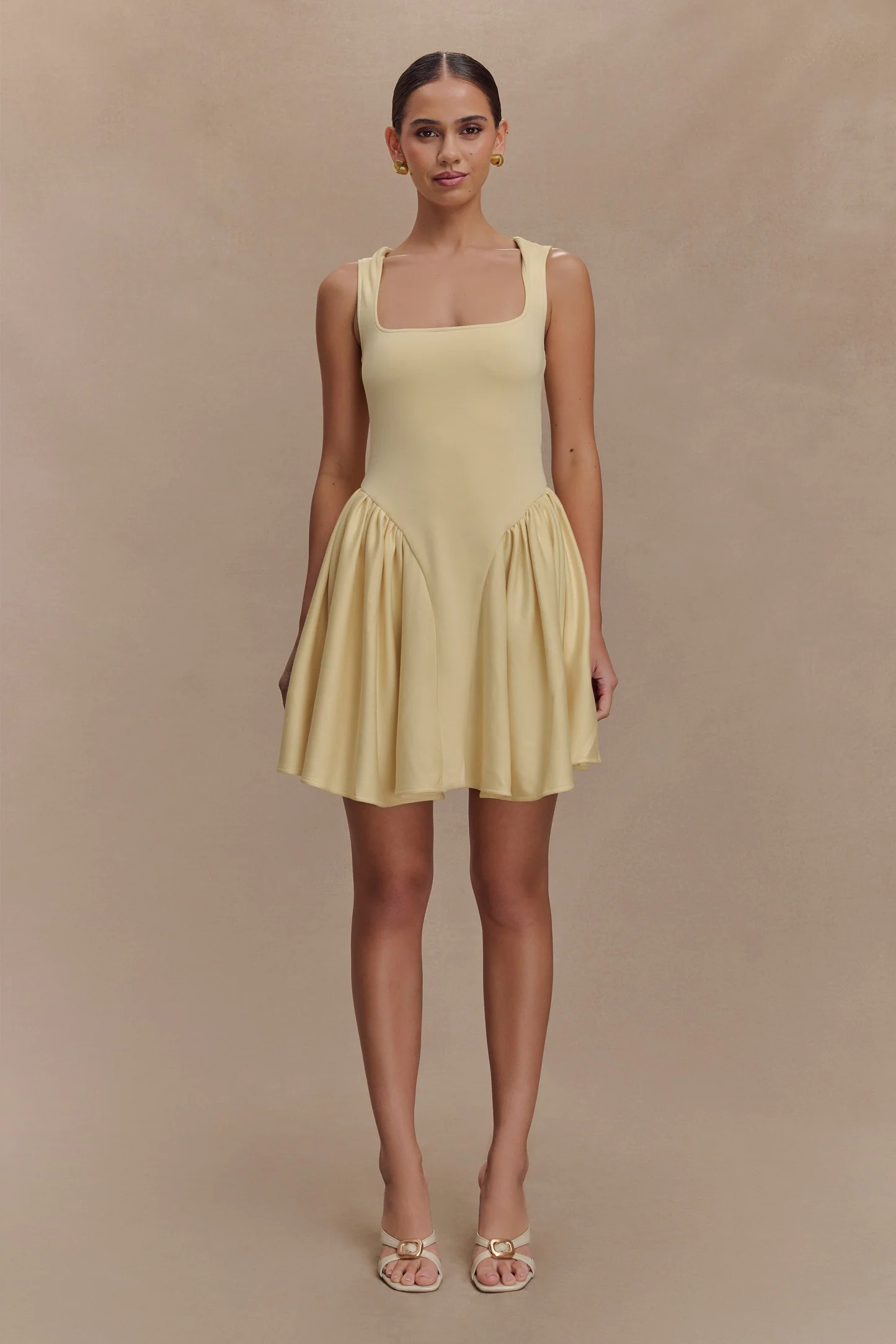 Sharon Scuba Jersey Mini Dress - Pastel Lemon | Meshki UK