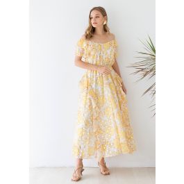 Silver Heart Off-Shoulder Ruffle Floral Maxi Dress in Yellow | Chicwish