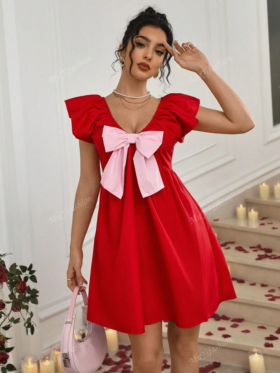 Elegant Contrast Color V-Neck Cinched Waist Bow Cap Sleeve A-Line Woven Dress | SHEIN